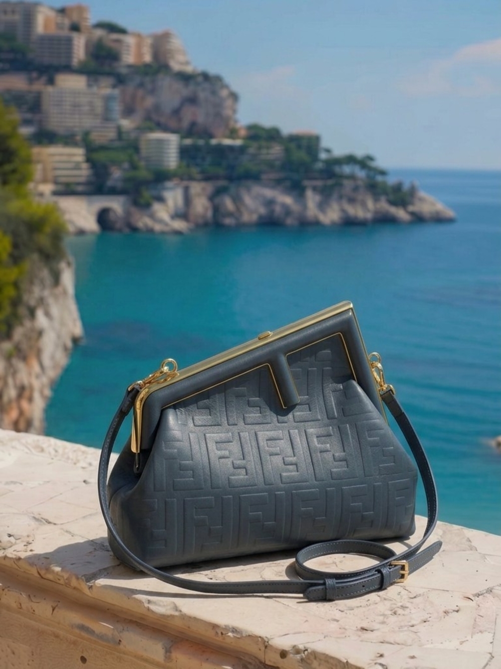 Embossed Leather Frame Shoulder Bag - Slate Blue